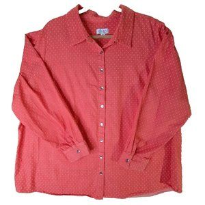 D & Co Women's Plus Sz 3X Orange Polka Dot Button Down Long Sleeve Top